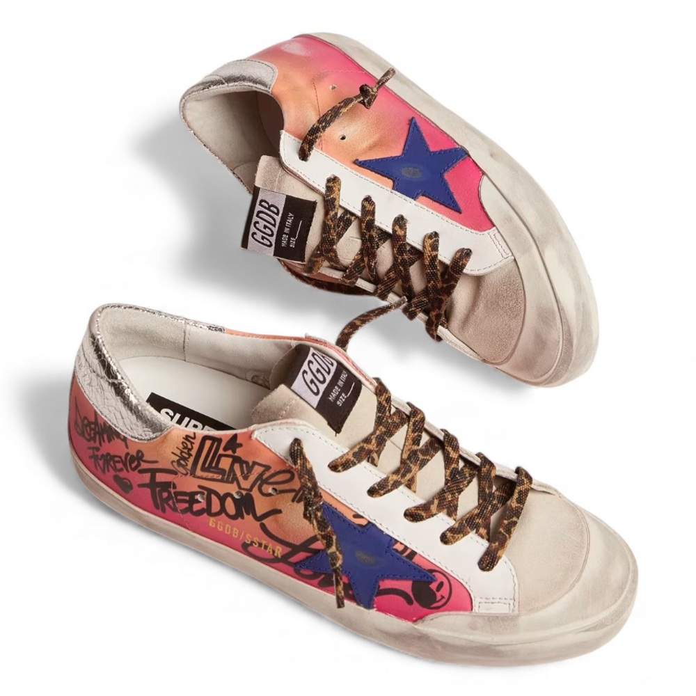 GOLDEN GOOSE Women's Graffiti Pink and Blue Sneakers 8